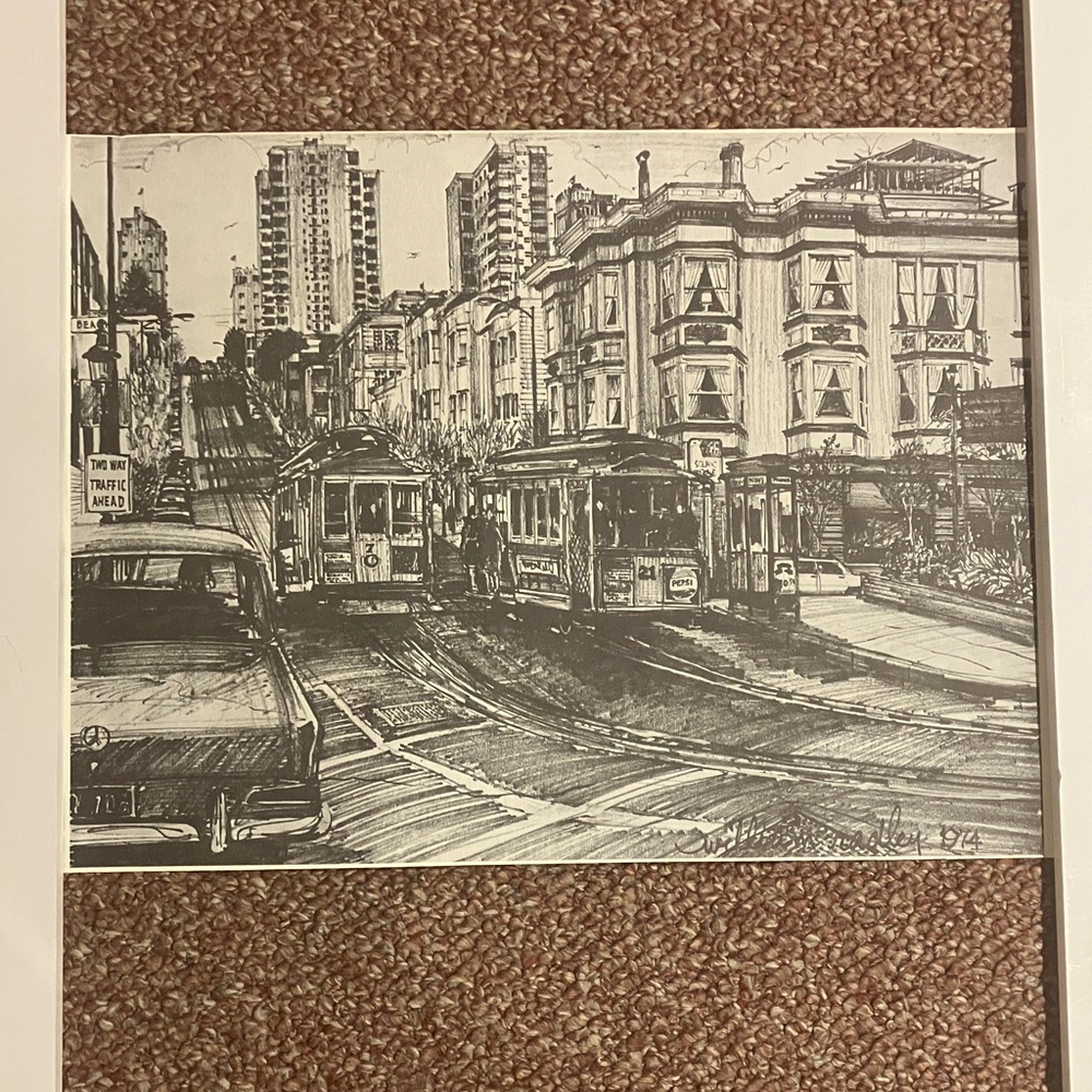 William Radley 1974 Charcoal lithograph Trolleys San Francisco California